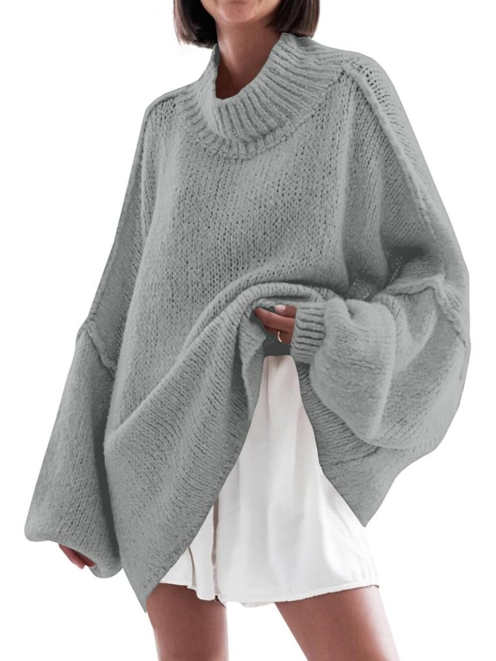 Women's Grey Casual Oversized Sweaters Mock Neck Fall Winter Tunic Sweater